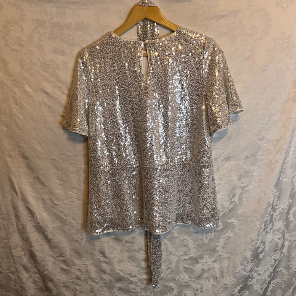 GRACE KARIN Womens Sz L Sequin Bow Tie Neck Blouse Shirt Sparkle Christmas Party - Picture 3 of 11